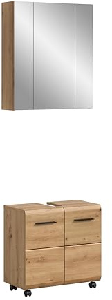 xonox.home – Badkombination Ice auf Rollen 60x185x30 cm in Artisan Oak Nachbildung – Mobiles 2er-Set aus Waschbeckenunterschrank & Spiegelschrank – Gemütliches Holz-Design & hohe Flexibilität
