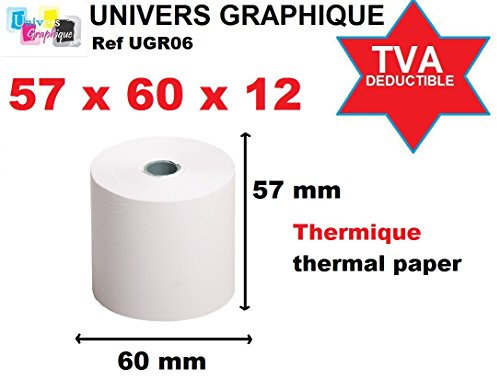 Lot de 10 Bobines, rouleau papier thermique grande capacité 57 x 60 x 12 Rouleaux papier pour calculatrices imprimantes et caisses enregistreuses, et cartes bancaires 44 mètres de longueur !