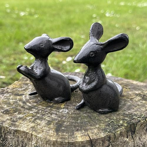 Animal Crackers Pair of solid cast iron mice garden ornament decorations, one 'talking' one 'listening', mouse lover gift