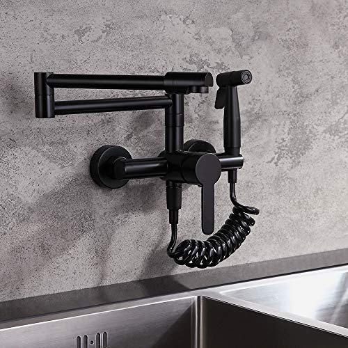 BULUXE Robinet d'évier de cuisine noir avec pulvérisateur, poignée unique rétractable, robinet de remplissage mural robinetterie avec bras oscillant en laiton massif noir mat