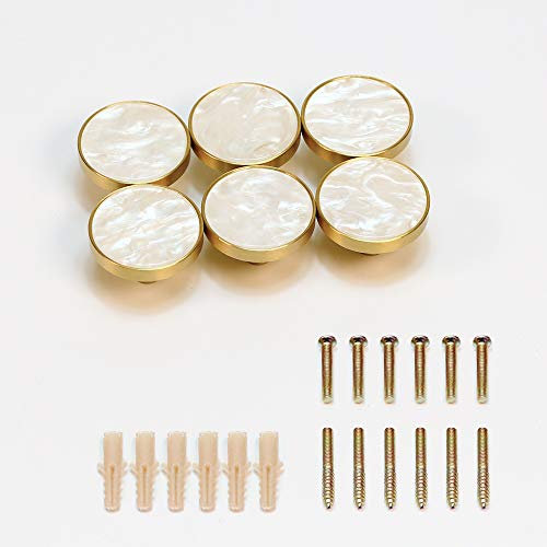 EVERGD 32mm Gold Brass Drawer Door Knobs Kitchen Cabinet Pulls Cupboard Handle Hardware Wall Mounted Clothes Coat Hook (6, White)