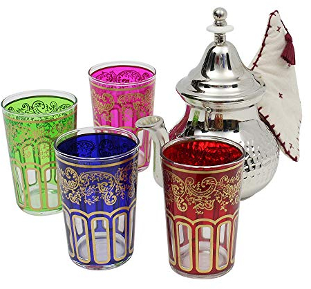 Juego de tetera marroquí martillada plateada: mediana con filtro integrado y soporte, 4 vasos de té multicolor, hechos a mano en Marruecos, juego de regalo de té de menta
