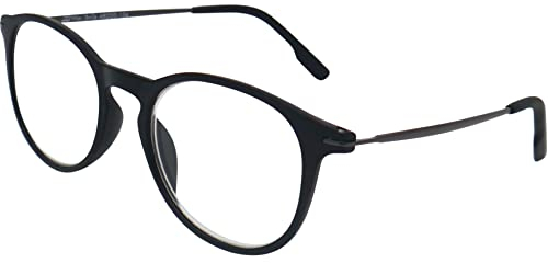 Moderne Nerd Anti Blaulicht Brille Lesebrille mit große Runde Gläsern, Gratis Etui, Kunststoff Rahmen (Schwarz) und Metall Bügeln, Blaulichtfilter Brille Damen und Herren 2.0 Dioptrien