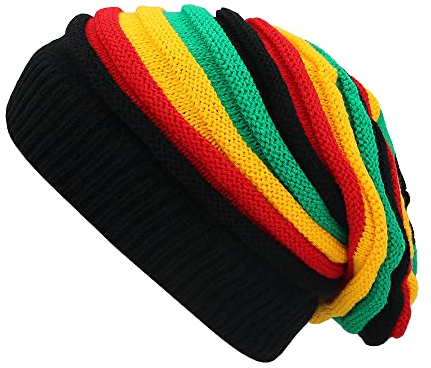 Unisex Jamaica Reggae Cap Rasta Slinky Beanie Mehrfarbig Gestreift Slouchy Baggie Beanie Skullies Gorro Rasta Hat, Schwarz, 8