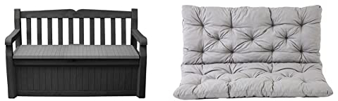 KETER Banc Coffre extérieur Eden Bench - 265 litres & Ambientehome 90266 Coussin de Banquette 2 Places et Coussin de Dossier Housse de Banc Hanko, Gris Clair, env. 120 x 98 x 8 cm