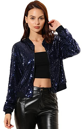 Allegra K Damen Glitzer Jacke Bomberjacke Pailletten Bomber Jacke Langarm Party Club Metallic Sequin Jacken Marine L