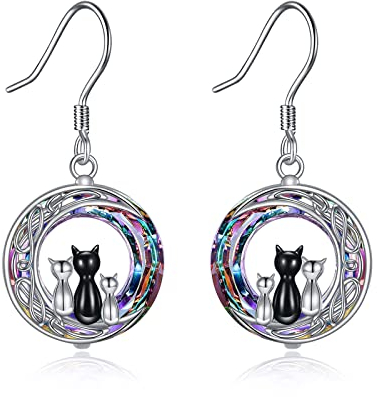 Katzen Ohrringe Silber 925 Katzen Ohrhänger Kristall Celtic Moon Cat Schwarze Katze Schmuck Geschenke Damen