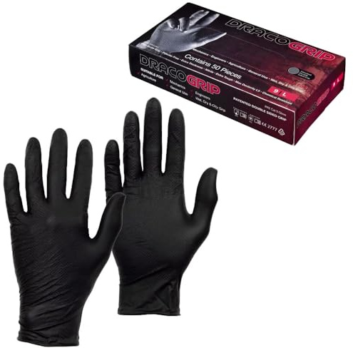 X50 Premium quality DracoGrip Gloves | Heavy duty | Fish Scale Grip | Extra Thickness| Powder Free | Black Nitriles Silicone Free Disposable Gloves