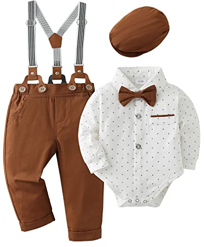 Amissz Completini e coordinati per Bambino Gentiluomo Vestito Battesimo Maschio Bambini e Ragazzi Abiti Camicia con Farfallino + Pantaloni con Bretelle + Berretti Abbigliamento Bianco, 6-12 mesi