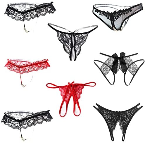 CANMIYOU 8er Packs Damen Spitze Sexy Tanga,Ouvert Slip Unterhosen,Niedrige Taille Offener Schritt V-String Thongs,Perspektive Höschen mit Perlen Blumen Bögen,Erotische Unterwäsche