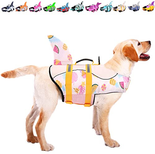 ASENKU Schwimmweste Hund, Hunde Rettungsweste zum Schwimmen, Bootfahren, Hunde Hai Schwimmwesten, Hunde Lebensretter Badeanzüge für Pool, Hunde Wasser Schwimmweste Sommerrosa XL