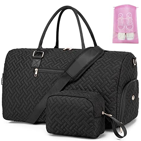 Sporttasche Reisetasche Damen, Kliniktasche Geburt Weekender Saunatasche Damen Groß Handgepäck Tasche mit Kulturtasche Schuhfach und Nassfach for Weekend Travel,Schwarz