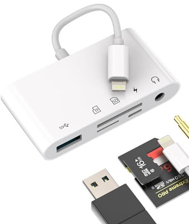 USB Micro SD TF Camera Memory Card Reader for iPhone(5 in 1)Lightning Cable Charger Dongle for Apple MFI Certified 3.5mm Headphone Audio Jack Adapter Car AUX Cord Flash Drive Splitter OTG Accessories