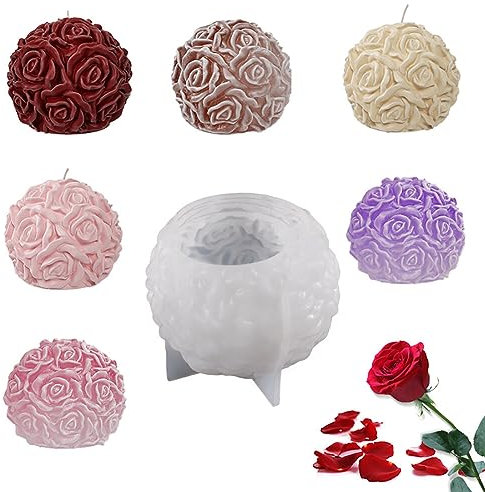 Silikon Kerzenform Kerzen,6 Stück Rosenkugel Kerzenform Silikon,Rosen Blumen Kerzenformen zum Gießen 3D Blume Kerzengießformen DIY Kerzen Silikonform Fondant für Duftkerze Valentinstag Heimdekoration