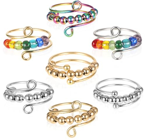 7 Stück Anti Stress Ring Verstellbare, Anxiety Ring Silber mit Perlen, Frauen Damen Antistress Ringe Linderung von Angst Fidget Ring Offene Stressringe Angstring Schmuck Geschenke für Frauen (7 Farbe)