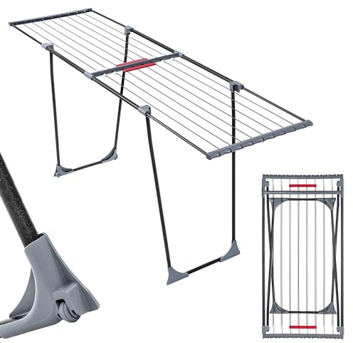 KADAX Tendedero Extensible de Acero Resistente con Capacidad para Ropa de Gran Volumen, Ruedas, Diseño Plegable y Estructura Grande (Negro)