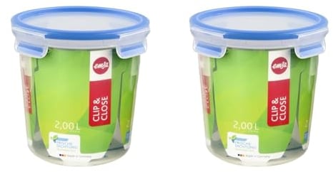 Emsa 508553 Clip & Close Frischhaltedose | Rund | 2,0 Liter | Clip-Verschluss | Kunststoff | Transparent/Blau, 1 Stück (2er Pack)