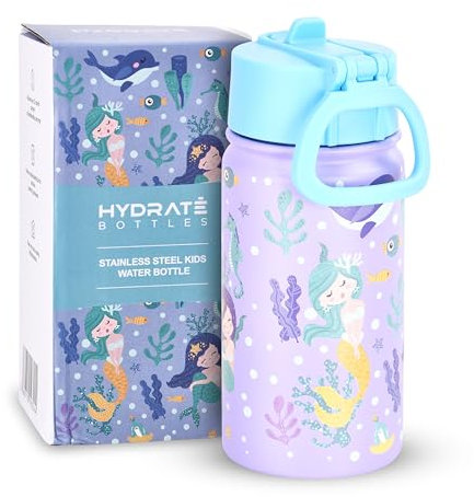 HYDRATE Botellas de agua de sirena de acero inoxidable para niños, botellas de agua para niñas pequeñas, botella moderna y simple para niños con pajilla, duradera, a prueba de fugas, diseño de sirena