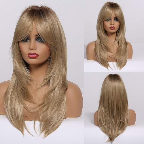 EMMOR Ombre Blonde Perücken mit Curtain Bangs, Synthetische Damenperücke Lang Gestuft Hitzebeständige Perücke für den täglichen Gebrauch, Natürlich und bequem