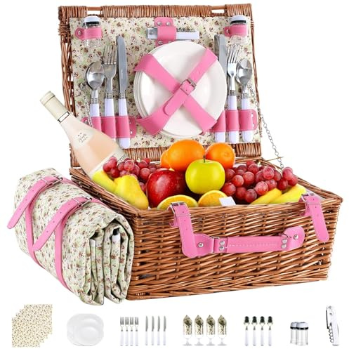 YPshuye Picnic Basket Set for 4 with Waterproof Blanket Mat Insulation Bag Wicker Pink Floral Classic Fresh Gift for Christmas Thanksgiving Wedding Birthday Camp Outdoor Beach Travel