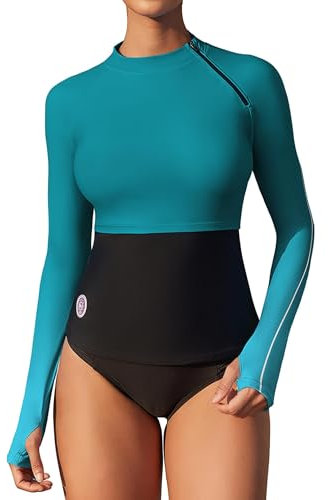 Charmo Womens Rash Guard Long Sleeve Rash Guard UPF 50+ Bathing Suit Top Shoulder Zipper Swimming Tops Green M