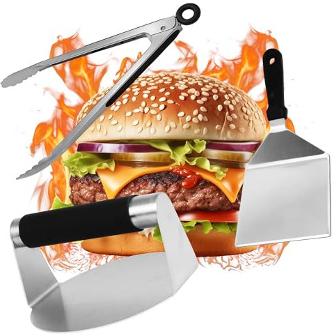 Burger Set Edelstahl mit Burgerpresse, Grillzange und Grillspachtel – Smash Burgerpresse, Burger Smasher für Plancha und Gasgrill, einfache und intuitive Handhabung für Grillfans.
