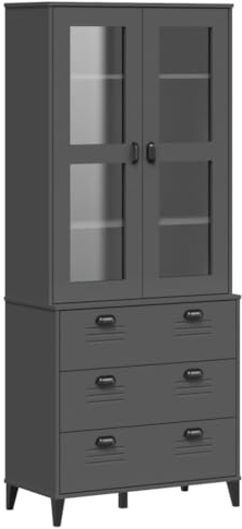 vidaXL Highboard, Sideboard mit Stauraum, Kommode Schrank mit Glas-Türen, Anrichte Vitrinenschrank Hochschrank, Anthrazit Massivholz Kiefer