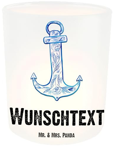 Mr. & Mrs. Panda Windlicht mit Namen Anker Blau - Personalisierte Geschenke, Gute Laune, Personalisiertes Kerzenglas, Name, Laterne, Glas personalisiert