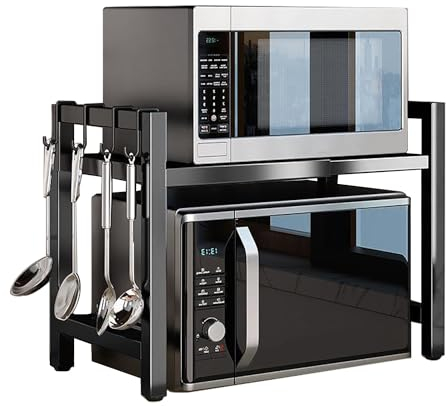PKOUVOO Support pour Micro Onde et Four Extensible Etagere Micro-Ondes avec 6 Crochets Suspendus,Support de Cuisine Pratique pour Plan de Travail, Organisateur de Cuisine, Noir (Noir)