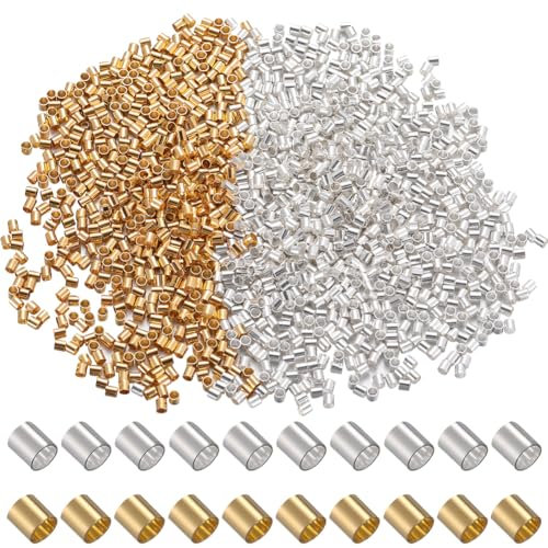 SOFPLATE 1 Caja 2000 Piezas Tubos de Engarce de Joyería Cuentas de Engarce de Plata Latón Dorado Uniforme Cilíndrico Tapón Suelto Cuentas Espaciadoras Tapas de Extremo de Cordón Pequeño para Hacer Joy