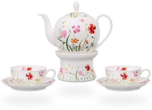 Teeservice aus Fine Bone China Porzellan. Teekanne 1l Füllvolumen, 2 Teetassen 150ml und 2 Untertassen und Stövchen. Design stilvoll. Modell: Lotta