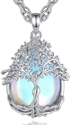 AEONSLOVE Lebensbaum Kette Mondstein Lebensbaum Halskette Damen Frauen Mondstein Anhänger Baum des Lebens Kette Kristall Kette Kristallkette Heilsteine Kette Edelstein Schmuck