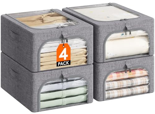 Lifewit 4 Stück Kleideraufbewahrungsbehälter mit Metallrahmen, Faltbare Aufbewahrungsbox mit Deckel, 25L Stapelbare Aufbewahrungsbeutel Stoffbehälter Organizer mit Klarsichtfenster, Robuste Griffe