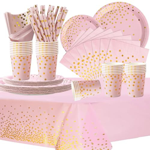 COLANANA Party Supplies,Party Tableware Set,Pink Birthday Decorations Contain Plates Tablecloth Cups Napkins Paper Straws for Baby Shower Birthday Wedding Partys Anniversary(16 Guests)
