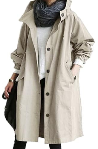 BUKKNYE Womens's Long Hooded Rain Jackets Button Down Lightweight Waterproof Trench Coats Oversize Autumn Travel Jacket Windbreaker Khaki