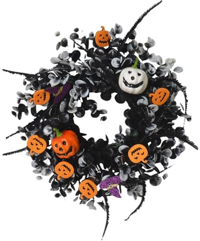 Ghirlanda di Halloween per porta d'ingresso, corona di zucche di Halloween da 41,93 cm, ghirlanda decorativa per riunioni di famiglia di Halloween con zucca, zucca simulazione decorazioni di Halloween