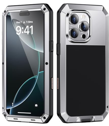 Focusor für iPhone 16 Pro Hülle Metall,Handyhülle für iPhone 16 Pro 360 Outdoor Stoßfest Heavy Duty Komplett Panzerhülle,Staubdicht Schutzhülle Armor Case mit Displayschutz,Silber