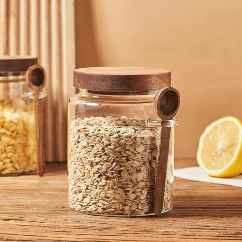 Eden & Willow Glass Kitchen Storage Jar with Acacia Lid and Wooden Spoon | Borosilicate Glass Food Canister with Spoon Holder | BPA-Free Mason Jar for Sugar, Spices, and Dry Foods (1, 0.6L)