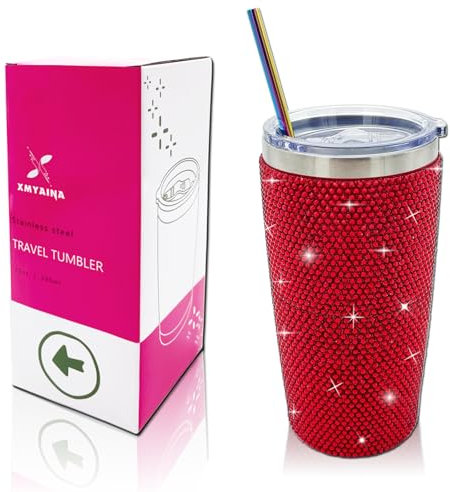 XMYAINA Bling Rhinestone Tumbler 20oz Stainless Steel Studded Glitter Thermal Cup with Leak proof Lid and Straws Double Wall Vacuum Insulated Portable Travel Coffee Mug (Red)