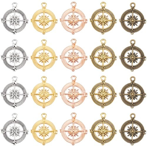SUNNYCLUE 1 Box 50Pcs 5 Colors Compass Charms Alloy Round Charm Bulk Metal Tibetan Bronze Antique Silver Rose Gold Hollow Shaped Dangle Charm for Jewellery Making Charms Earrings Crafts Accessories