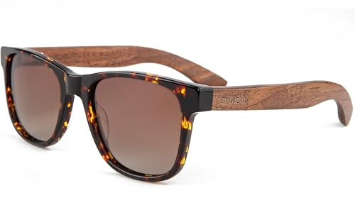 GOWOOD Lunettes de Soleil Hommes et Femmes | Cadre Acétate Tortoise et Branches en Bois de Noyer | Polarisées UV400 Cat3 CE (Lentilles Marron)