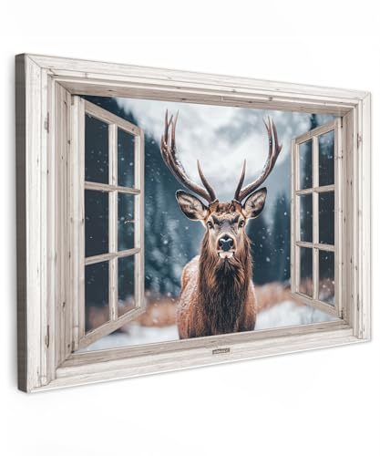 MuchoWow© Leinwandbild Groß XXL Dekoration Wohnzimmer Bilder Pictures Wall | 120x80 cm - Decoration Living Room Wohnungs Deko Moderne Bild Hirsch - Tiere - Landschaft - Winter - Schnee - Aussicht