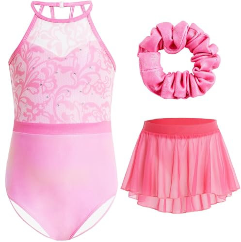 Gogokids Mädchen 3-teiliges Halter Gymnastikset, Kinder Gymnastikanzug mit Strass & Mesh Blumendesign, Funkelnde Ballettanzüge Beinhaltet Leotard, Chiffonrock & Haarband Gymnastikgeschenke für 8-9