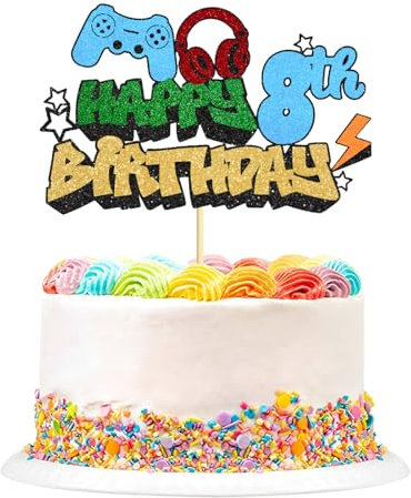 1 Pack Video Game Happy 8th Birthday Cake Topper, Glitter Video Game Cake Pick Game On Controllers, Cheers to 8 Years Cake Decoration for Happy 8th Birthday Decorations Party Supplies (8) ﻿