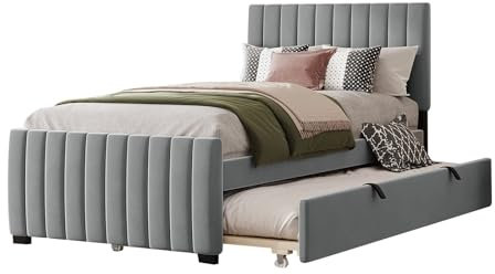 Billg Polsterbett 90 x 190cm, Einzelbett Bettgestell Avec Ausziehbett 90 x 190cm, Lattenrost, Jugendbett, Gästebett, Gepolsterte Bett für Erwachsene, Jugendliche, Samt, Ohne Matratze