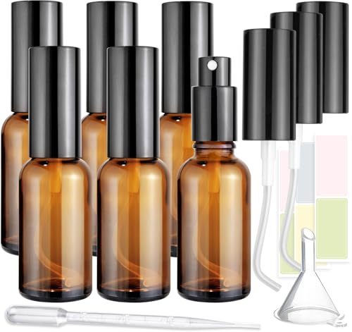 Showvigor 6-Pack 30ml/1oz Amber Glass Spray Bottles for Fine Mist | with 2 Extra Nozzles, Refillable Essential Oil & Toner Set, Eco-Friendly Home & Skincare Solutions