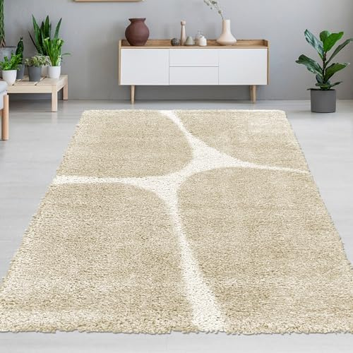 CARPETIA Teppich Wohnzimmer stilvolle Einrichtung Hochflor Teppich weich modernes Muster strapazierfähig pflegeleicht langlebig wohnlich harmonisch zeitlos Creme Beige 140 x 200 cm