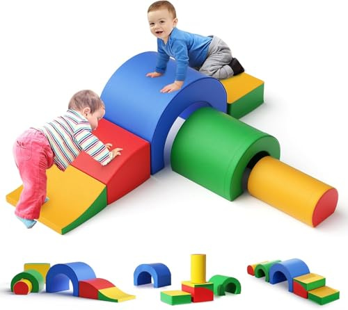 MINENICE Schaumstoff-Kletterblöcke für Kleinkinder, 5-teilige Schaumstoffblöcke, mit Tunnel, doppelter Spaß, pädagogische Übungen, für den Kindergarten drinnen und draußen (5p-bunt)