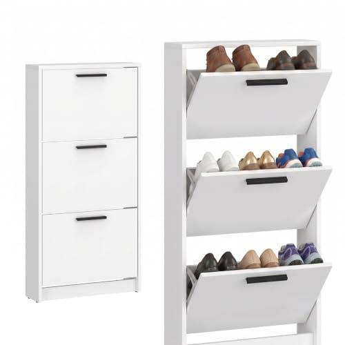Step Up Schuhschrank Schuhkipper Schmal 5 Klappen Tiefe 18 cm Weiß | Schlankes Schuhregal für den Flur, geräumige Fächer für Ordnung, platzsparende Kippfunktion, versteckte Aufbewahrung