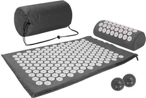 Acupressure Mat, Acupuncture Mat, Massage Mat and Pillow Set with 2pcs Massage Balls, Relieving Neck and Back Pain, Muscle Relaxation and Stress Reduction, Sciatica Relief, Carry a Handbag, Grey